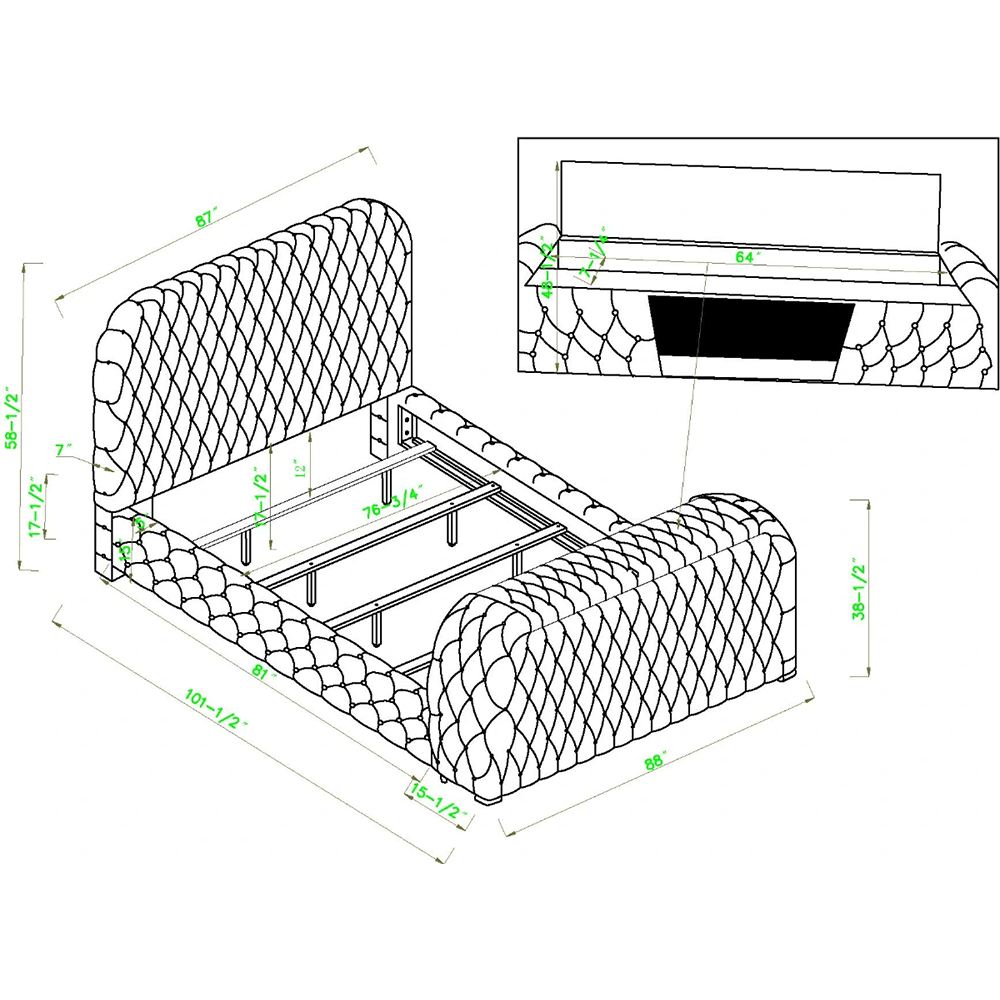 Crown Mark 5115BK Natalia black velvet fabric tufted queen bed with TV lift and built in LED Fireplace