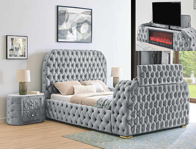 Crown Mark 5115GY Natalia grey velvet fabric tufted queen bed with TV lift and built in LED Fireplace