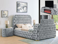 Crown Mark 5115GY Natalia grey velvet fabric tufted queen bed with TV lift and built in LED Fireplace