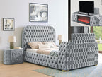 Crown Mark 5115GY Natalia grey velvet fabric tufted queen bed with TV lift and built in LED Fireplace