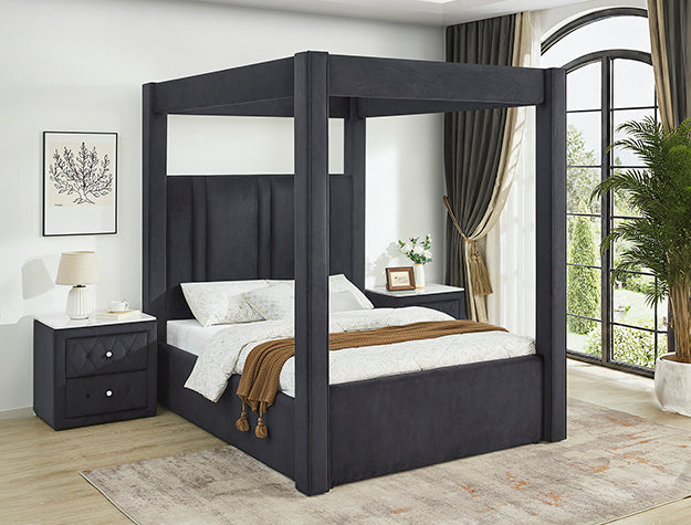 Crown Mark 5117BK Jayla black colored fabric upholstered button queen canopy bed