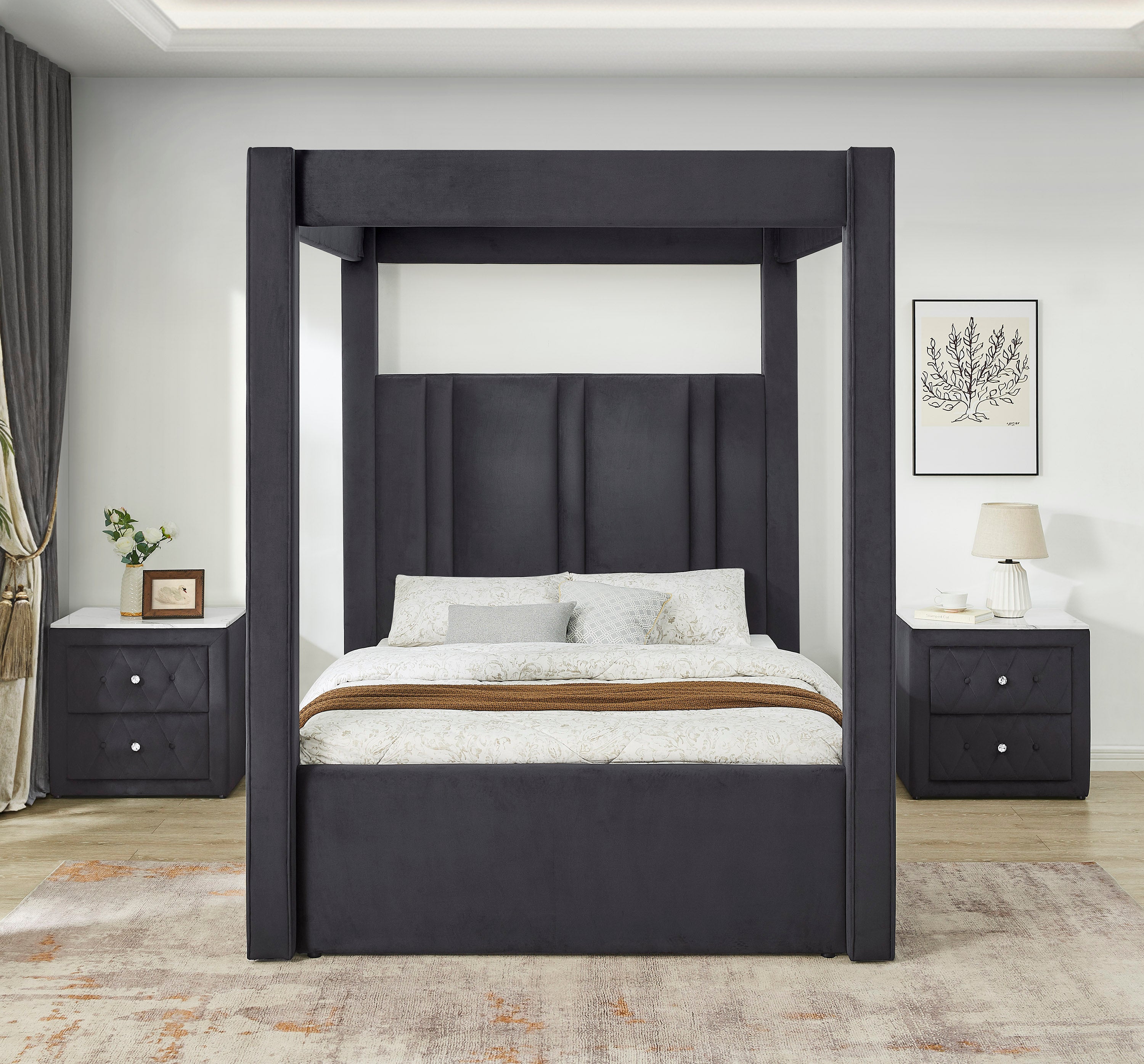 Jayla Black Fabric Button Tufted Queen Canopy Bed – 5117BK