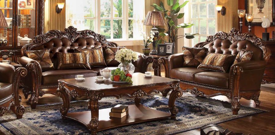 Acme 52001-02 2 pc Astoria grand amorsolo cherry finish wood brown faux leather sofa and love seat set