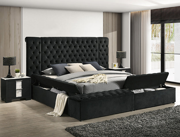 Crown Mark 5203BK Danbury black colored velvet fabric upholstered tufted queen storage bed with benches