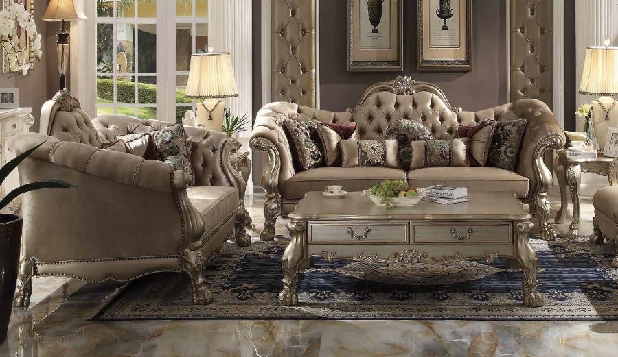 Acme 52090-91 2 pc Astoria grand westmont dresden gold patina finish wood bone velvet sofa and love seat set
