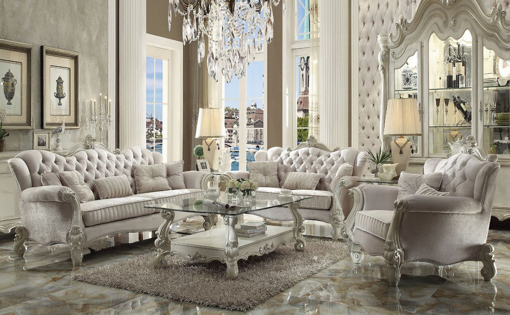 Acme 52105-06 2 pc Astoria grand diep versailles bone white finish wood ivory velvet fabric sofa and love seat set