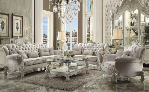 Acme 52105-06 2 pc Astoria grand diep versailles bone white finish wood ivory velvet fabric sofa and love seat set