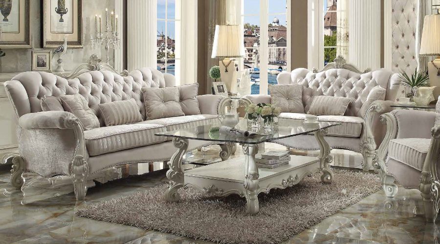 Acme 52105-06 2 pc Astoria grand diep versailles bone white finish wood ivory velvet fabric sofa and love seat set