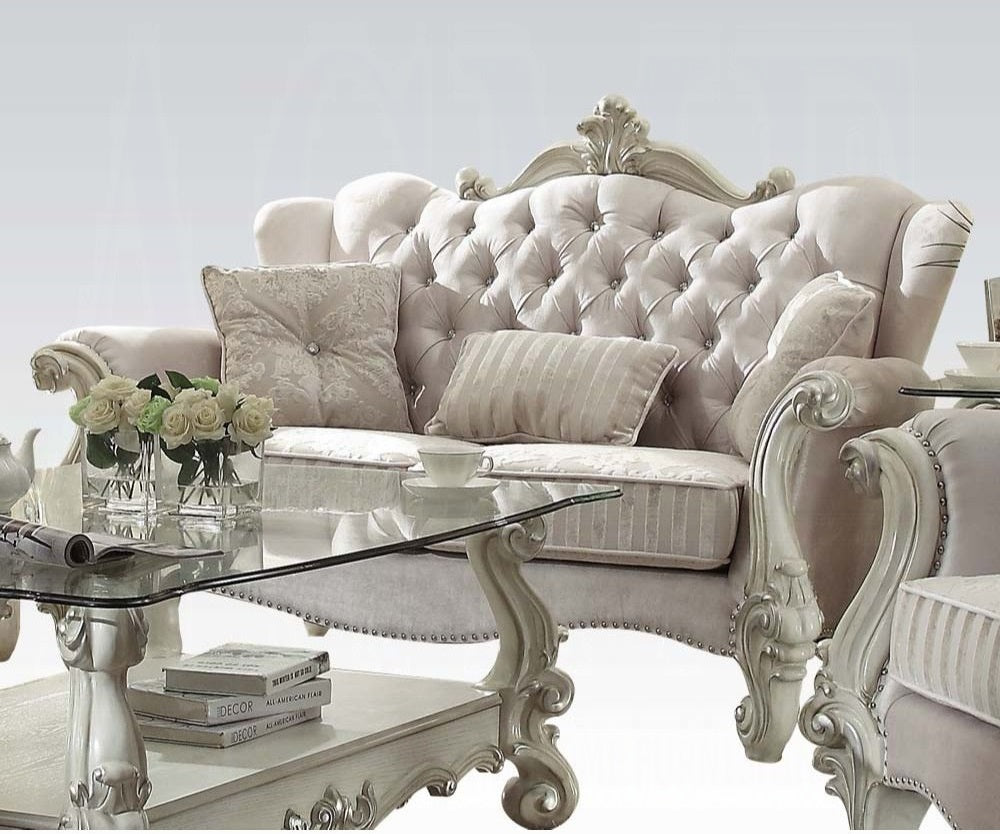 Acme 52105-06 2 pc Astoria grand diep versailles bone white finish wood ivory velvet fabric sofa and love seat set