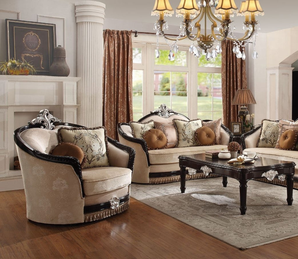 Acme 52110-11 2 pc Astoria grand mcclellan ernestine black finish wood and tan fabric sofa and love seat set