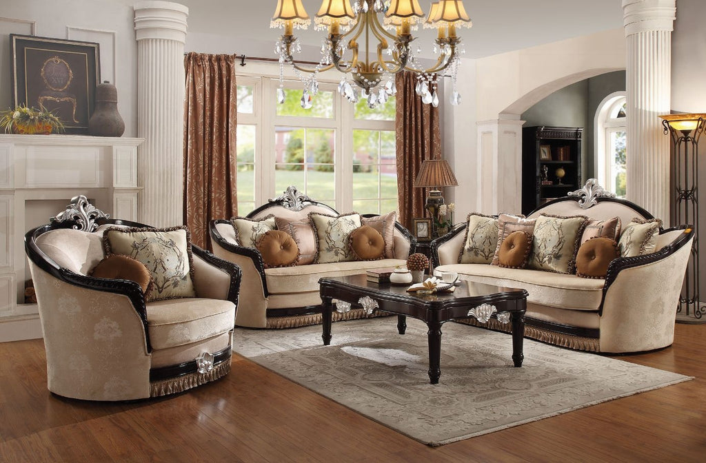 Acme 52110-11 2 pc Astoria grand mcclellan ernestine black finish wood and tan fabric sofa and love seat set