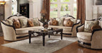 Acme 52110-11 2 pc Astoria grand mcclellan ernestine black finish wood and tan fabric sofa and love seat set