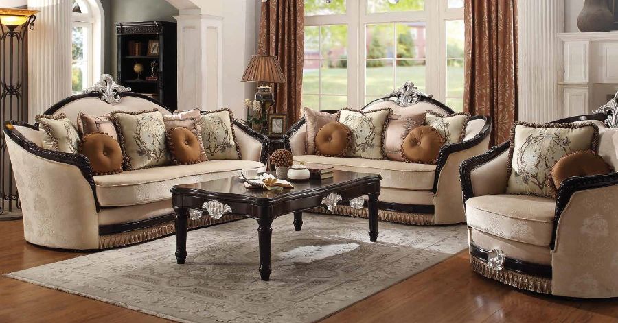 Acme 52110-11 2 pc Astoria grand mcclellan ernestine black finish wood and tan fabric sofa and love seat set