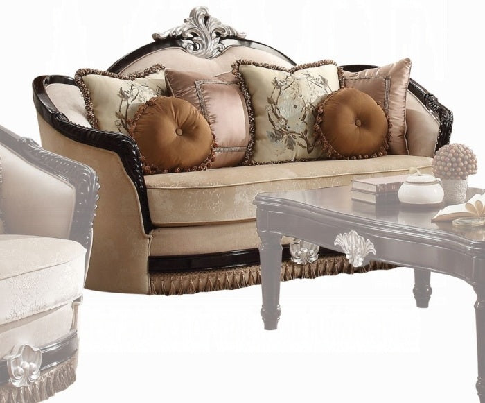 Acme 52110-11 2 pc Astoria grand mcclellan ernestine black finish wood and tan fabric sofa and love seat set
