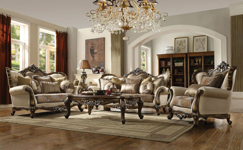 Acme 52115-16 2 pc Astoria grand nebel latisha antique oak finish wood tan fabric sofa and love seat set