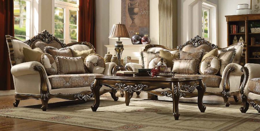 Acme 52115-16 2 pc Astoria grand nebel latisha antique oak finish wood tan fabric sofa and love seat set