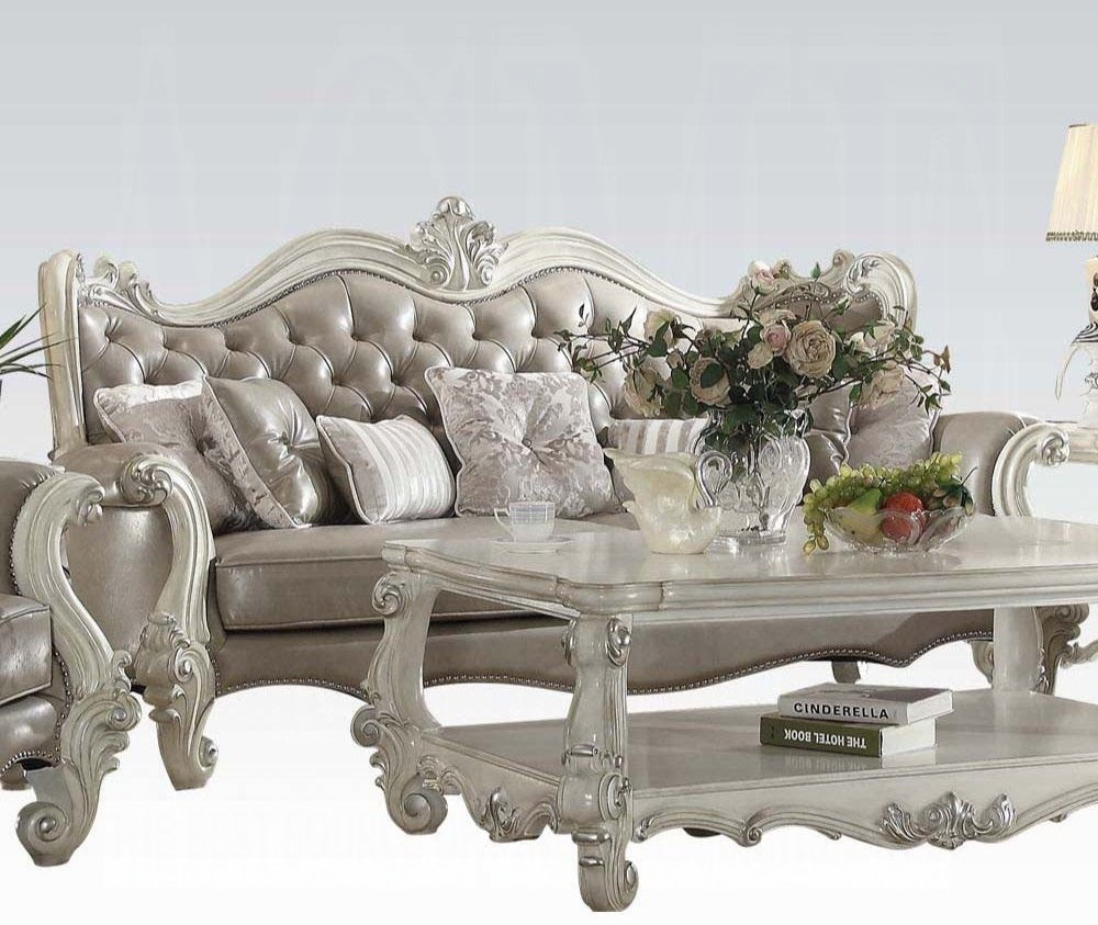 Acme 52125-26 2 pc Astoria grand timothy versailles bone white finish wood vintage gray faux leather sofa and love seat set