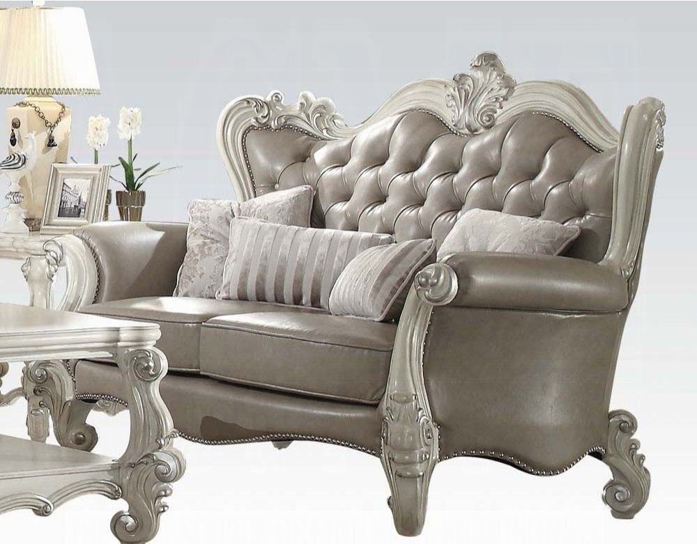 Acme 52125-26 2 pc Astoria grand timothy versailles bone white finish wood vintage gray faux leather sofa and love seat set