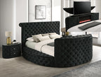 Crown Mark 5212BK Voltare black velvet fabric tufted round queen storage bed with TV lift and built in LED Fireplace