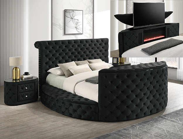 Crown Mark 5212BK Voltare black velvet fabric tufted round queen storage bed with TV lift and built in LED Fireplace