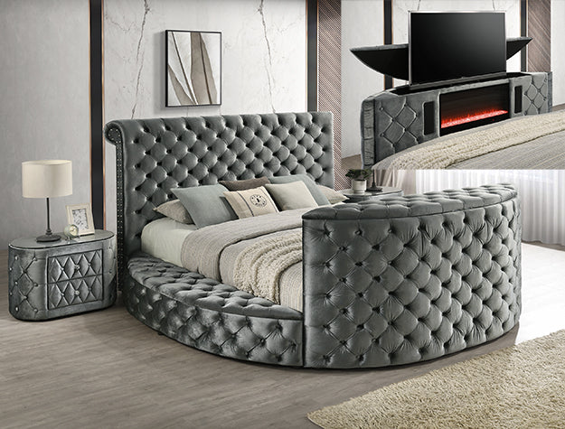 Crown Mark 5212GY Voltare grey velvet fabric tufted round queen storage bed with TV lift and built in LED Fireplace