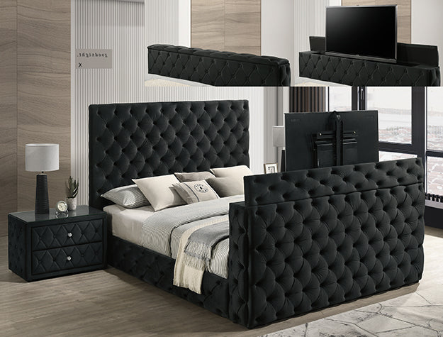 Crown Mark 5213BK josephine black velvet fabric tufted queen bed with TV lift footboard