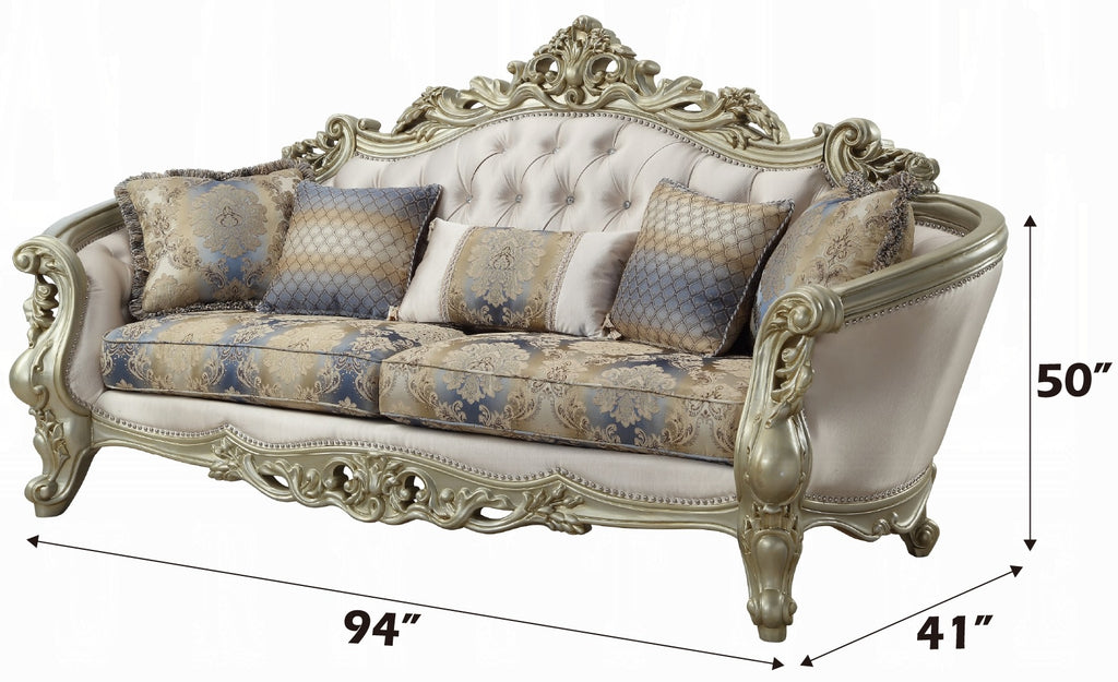 Acme 52440-41 2 pc Rosdork park pulaski gorsedd antique champagne finish wood golden ivory fabric sofa and love seat set