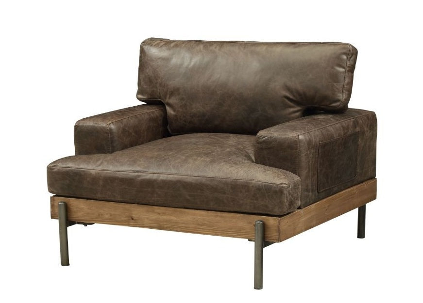 Acme 52477  Silchester distressed chocolate brown top grain leather chair with wood trim
