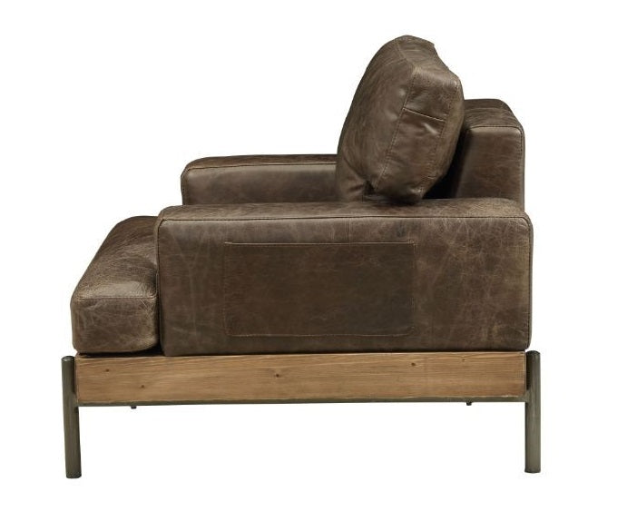 Acme 52477  Silchester distressed chocolate brown top grain leather chair with wood trim