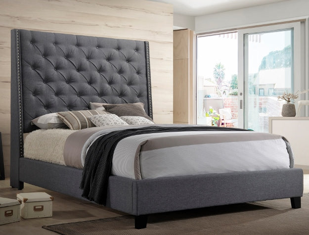 5265GY Willa arlos interiors chantilly gray fabric button tufted headboard queen bed