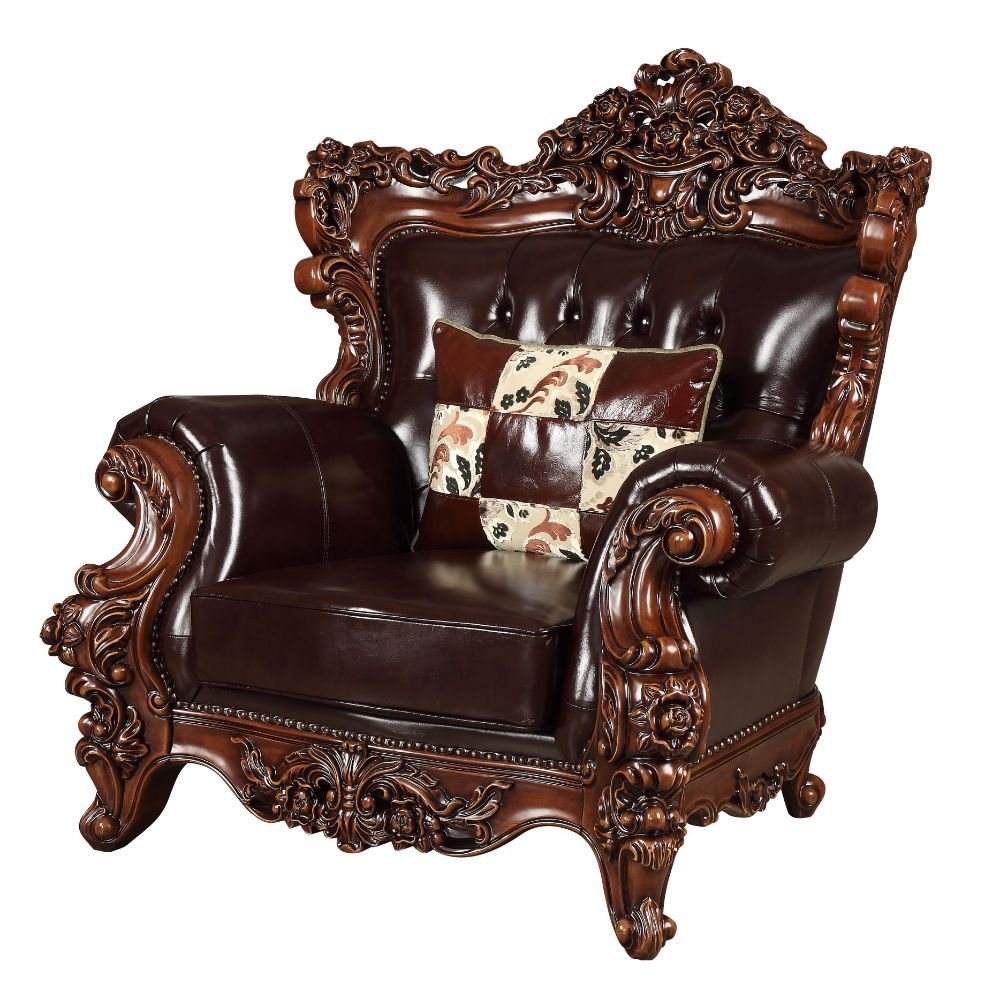 Acme 53072 Astoria grand misael forsythia walnut finish wood espresso top grain leather match oversized accent chair ornate accents