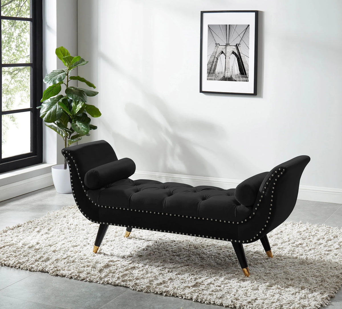 Black Velvet Tufted Bedroom Entry Bench with Nail Head Trim – 5312-BK