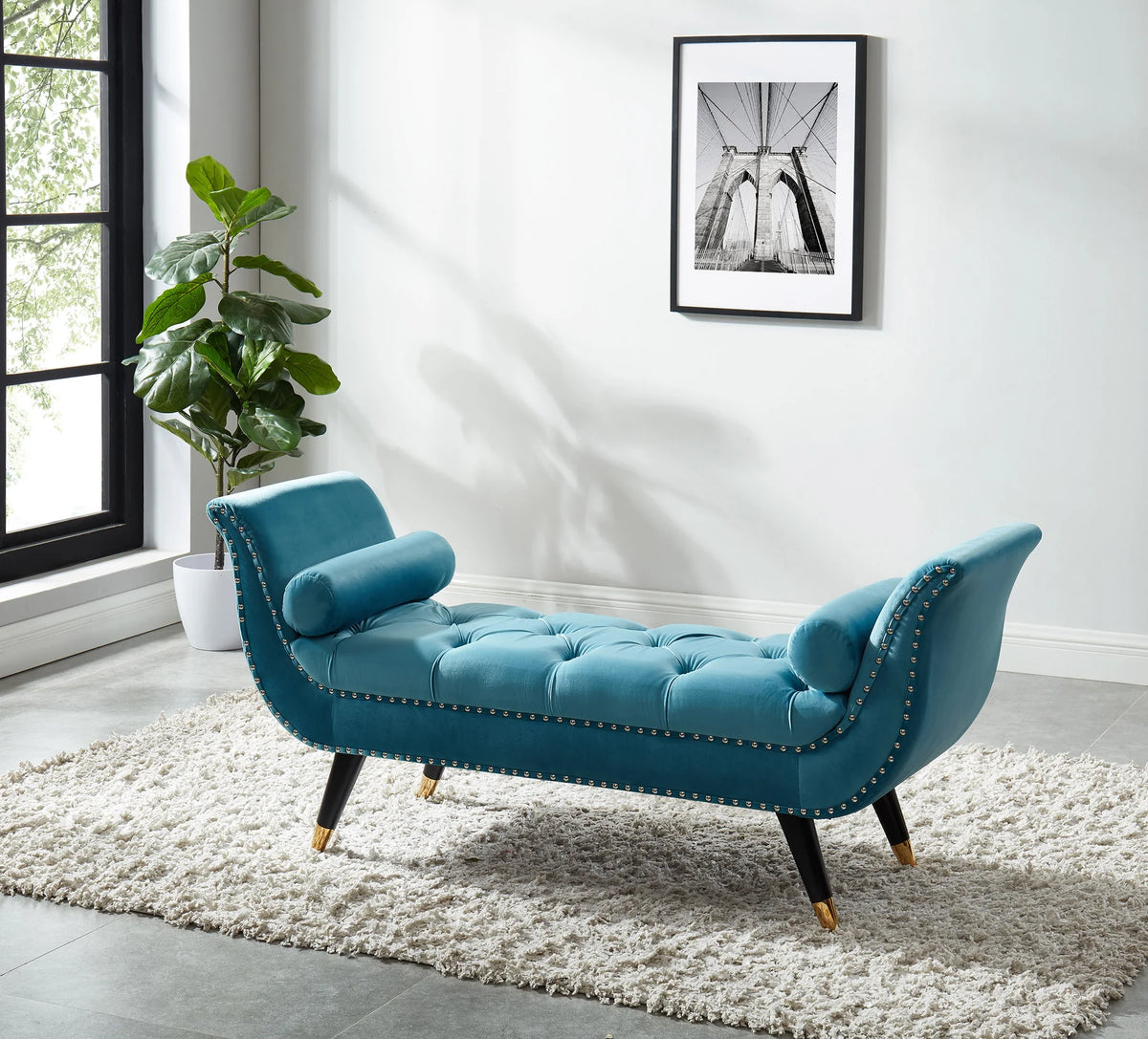 Sky Blue Velvet Tufted Bedroom Entry Bench with Nail Head Trim – 5312-BL