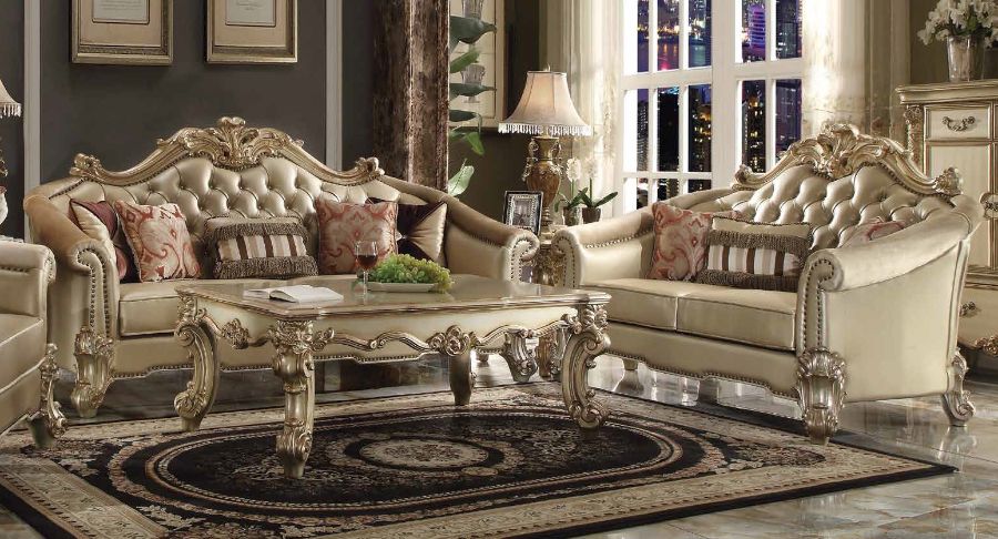 Acme 53120-21 2 pc Astoria grand bordadora vendome ii gold patina finish wood bone vinyl sofa and love seat set