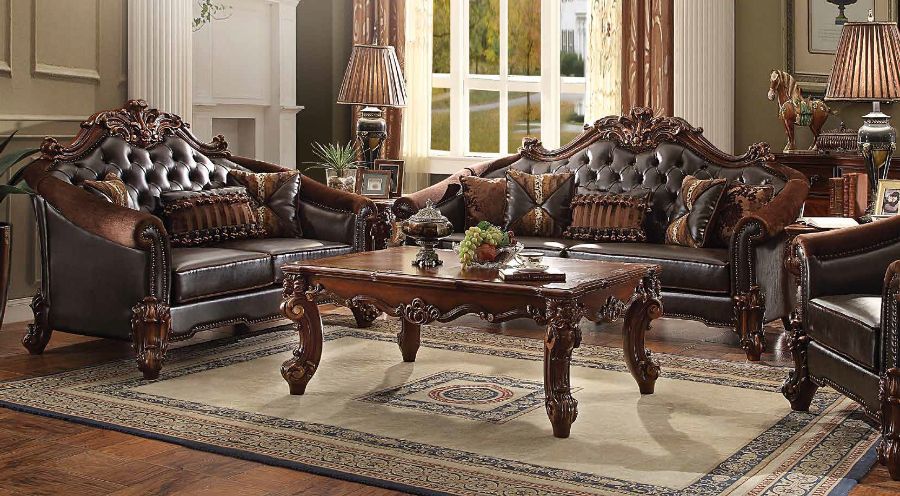 Acme 53130-31 2 pc Astoria grand bordadora vendome ii cherry finish wood two tone dark brown vinyl sofa and love seat set