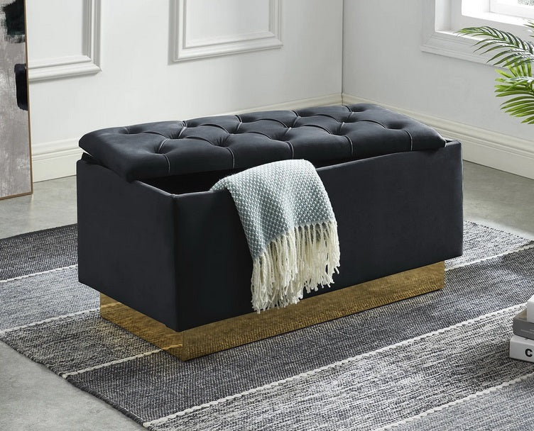 Asia Direct 5321-BK Baxton studio kirana black velvet tufted 35.4" Wide storage ottoman bedroom entry bench with gold trim