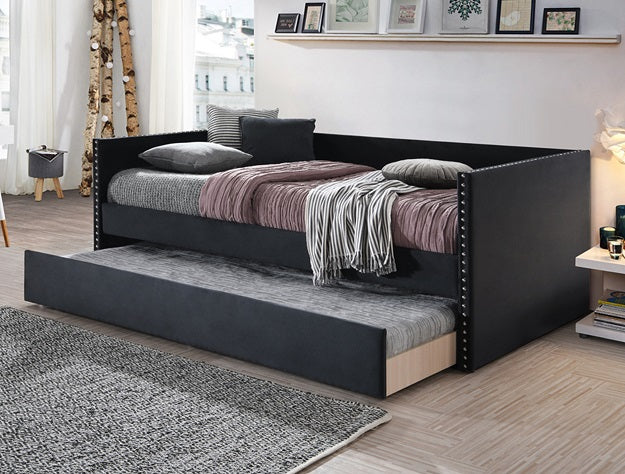5321BK Sadie black fabric upholstered nail head trim twin day bed with trundle