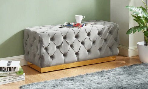 Asia Direct 5322-GY Mercer 41 buchner grey velvet tufted 41.7" Wide ottoman bedroom entry bench with gold trim
