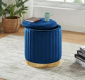 Blue Velvet Tufted Round Storage Ottoman Footstool with Gold Trim – 5323-BLUE