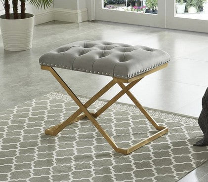 Asia Direct 5324-GY Everly quinn brancy grey velvet tufted top gold metal frame vanity stool ottoman bench