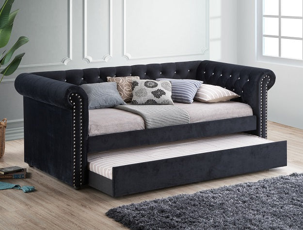 5332-BK Ellie black fabric nail head trim twin day bed with trundle