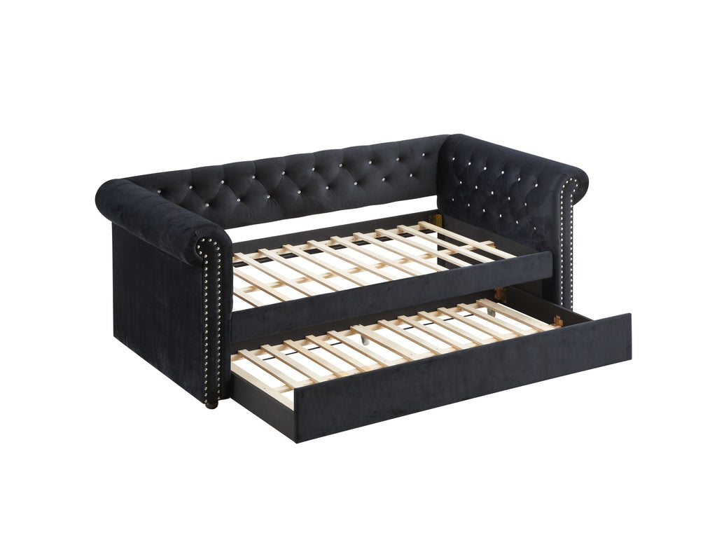 5332-BK Ellie black fabric nail head trim twin day bed with trundle