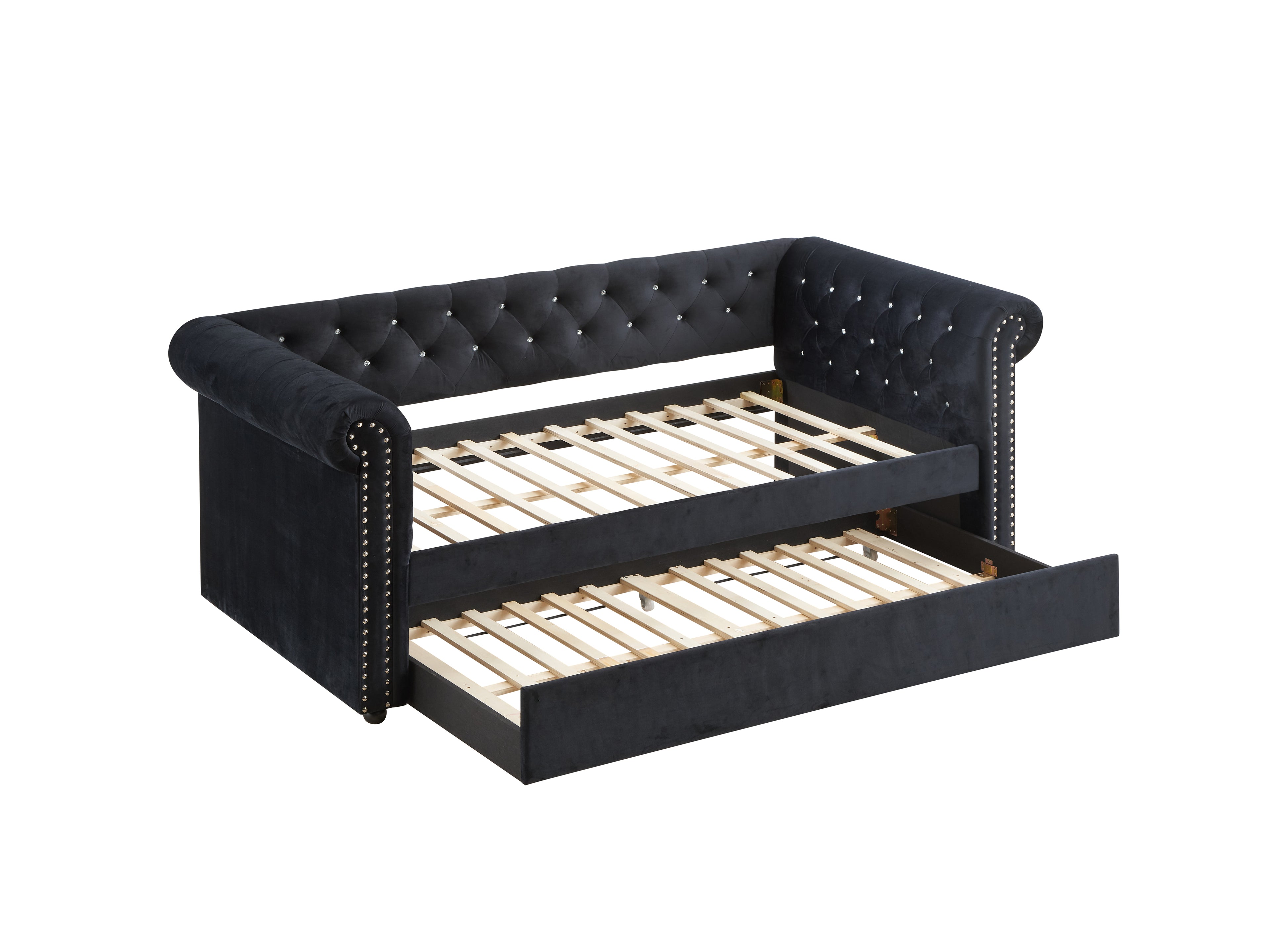 5332-BK Ellie black fabric nail head trim twin day bed with trundle