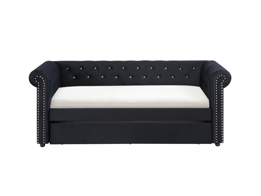 5332-BK Ellie black fabric nail head trim twin day bed with trundle