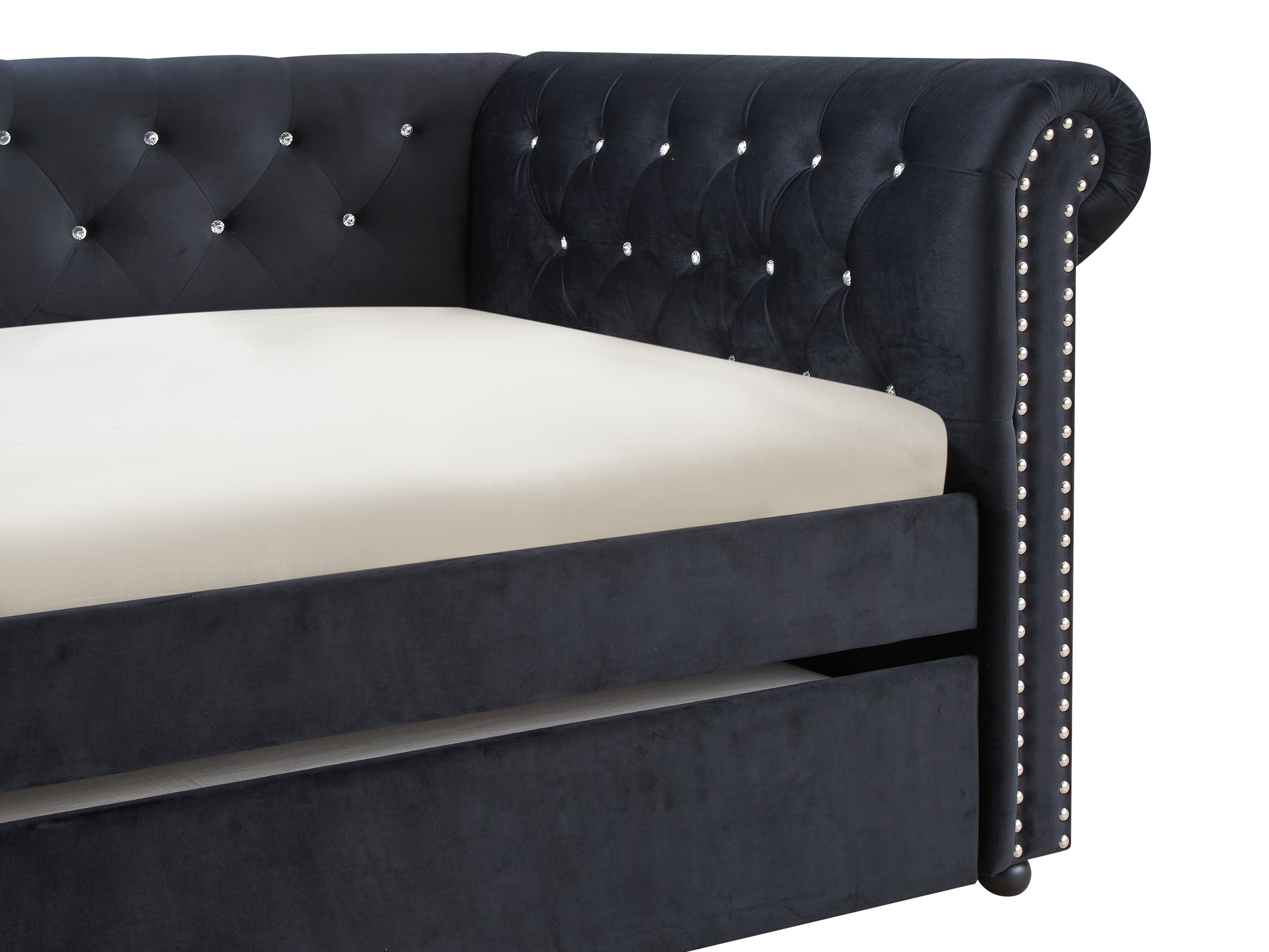 5332-BK Ellie black fabric nail head trim twin day bed with trundle
