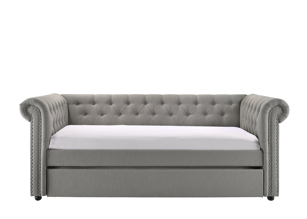 5332-DV Ellie dove fabric nail head trim twin day bed with trundle