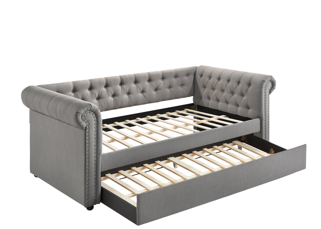 5332-DV Ellie dove fabric nail head trim twin day bed with trundle