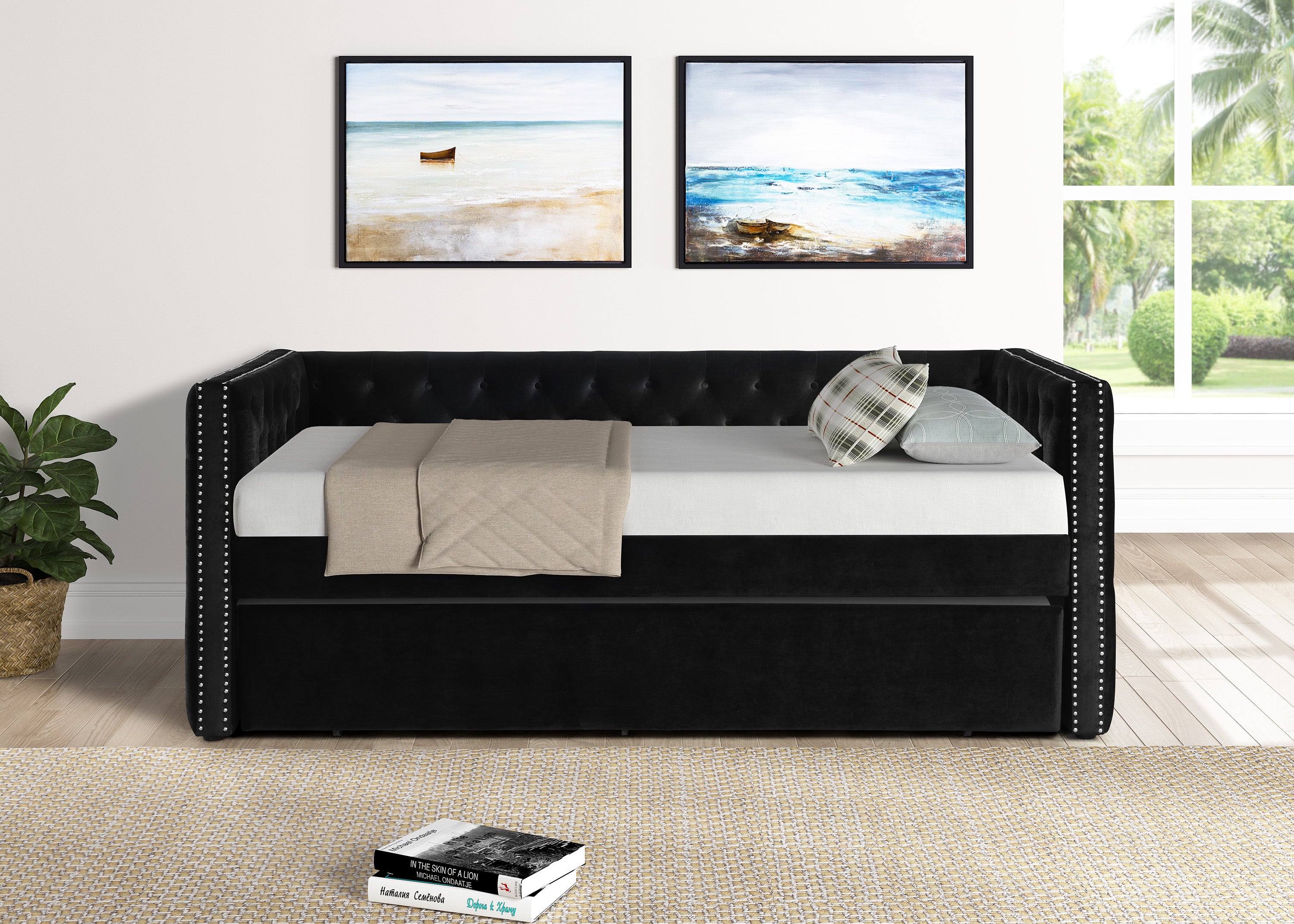 Trina Black Fabric Nail Head Trim Twin Day Bed with Trundle – 5335-BK