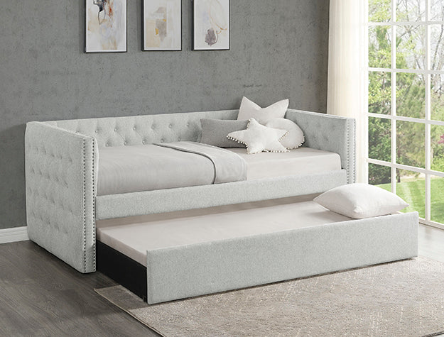 5335-DV Trina dove grey fabric upholstered nail head trim twin day bed with trundle