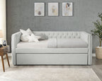 5335-DV Trina dove grey fabric upholstered nail head trim twin day bed with trundle
